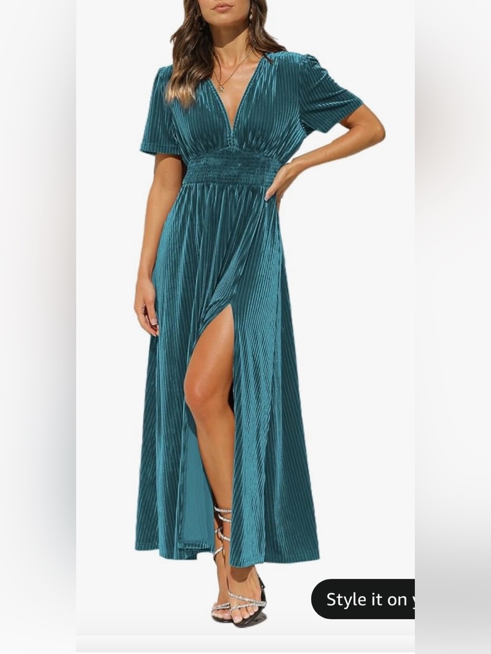 Teal Velvet V-Neck Pleated Maxi Dress with Front Slit, Size L, NWT